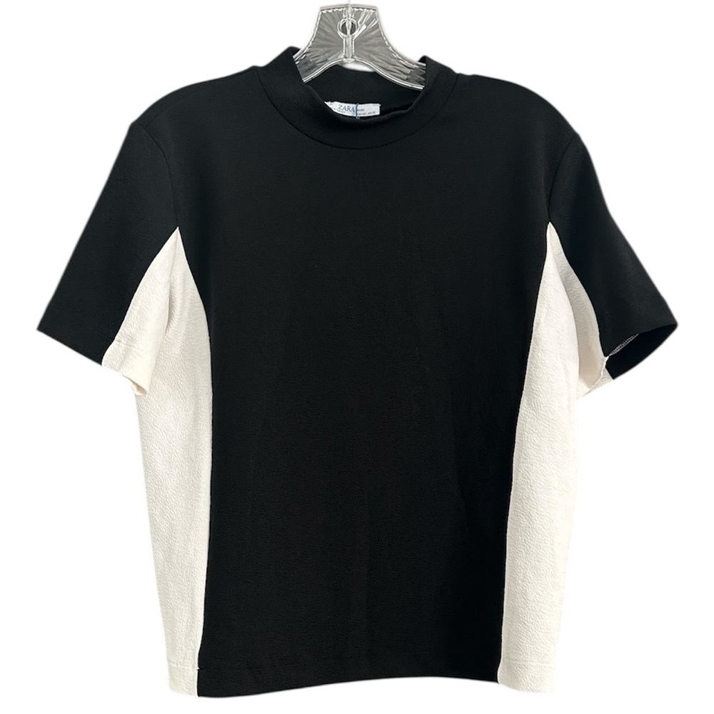 Zara Mock Neck Colorblock Black White Short Sleeve Shirt NWT Sz L polyeste as is